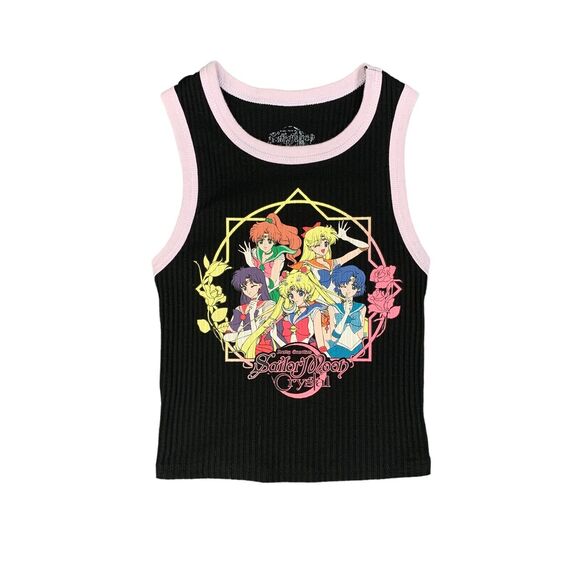 Sailor Moon Tank Top Womens XS Black Princess Pretty Guardian Crystal Cropped - Picture 1 of 9